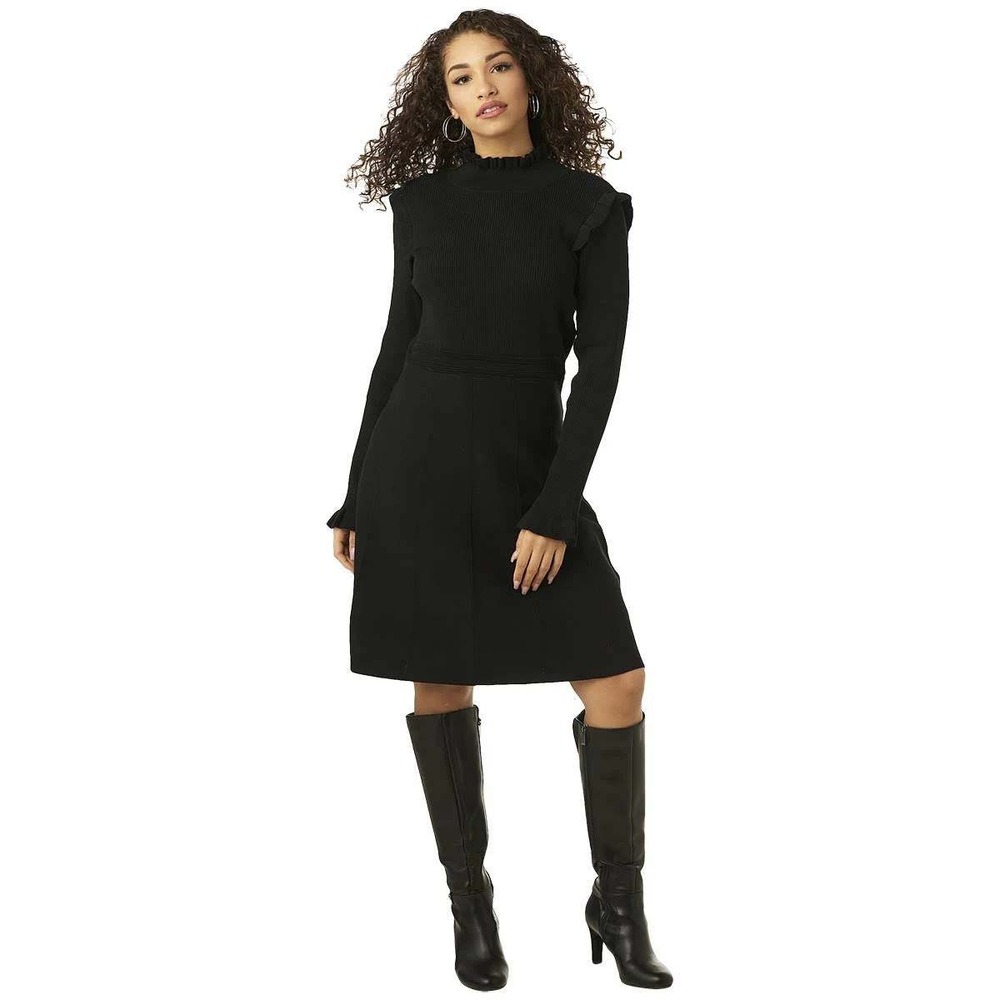 MP Hailey Lyn Petites Black Ribbed a line long‎ sleeve ruffle mock beck dress A